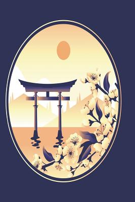 japanese shrine in blue and gold: notebook with japanese shrine and cherry blossoms
