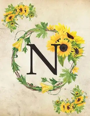 N: Monogram Initial N Notebook for Women and Girls- 8.5" x 11" - 100 pages, college rule - Sunflower, Floral, Flowers