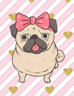 Notebook: Cute Pug Dog, Pink Stripes & Gold Hearts, Girly Notebook, Large Size - Letter, Wide Ruled